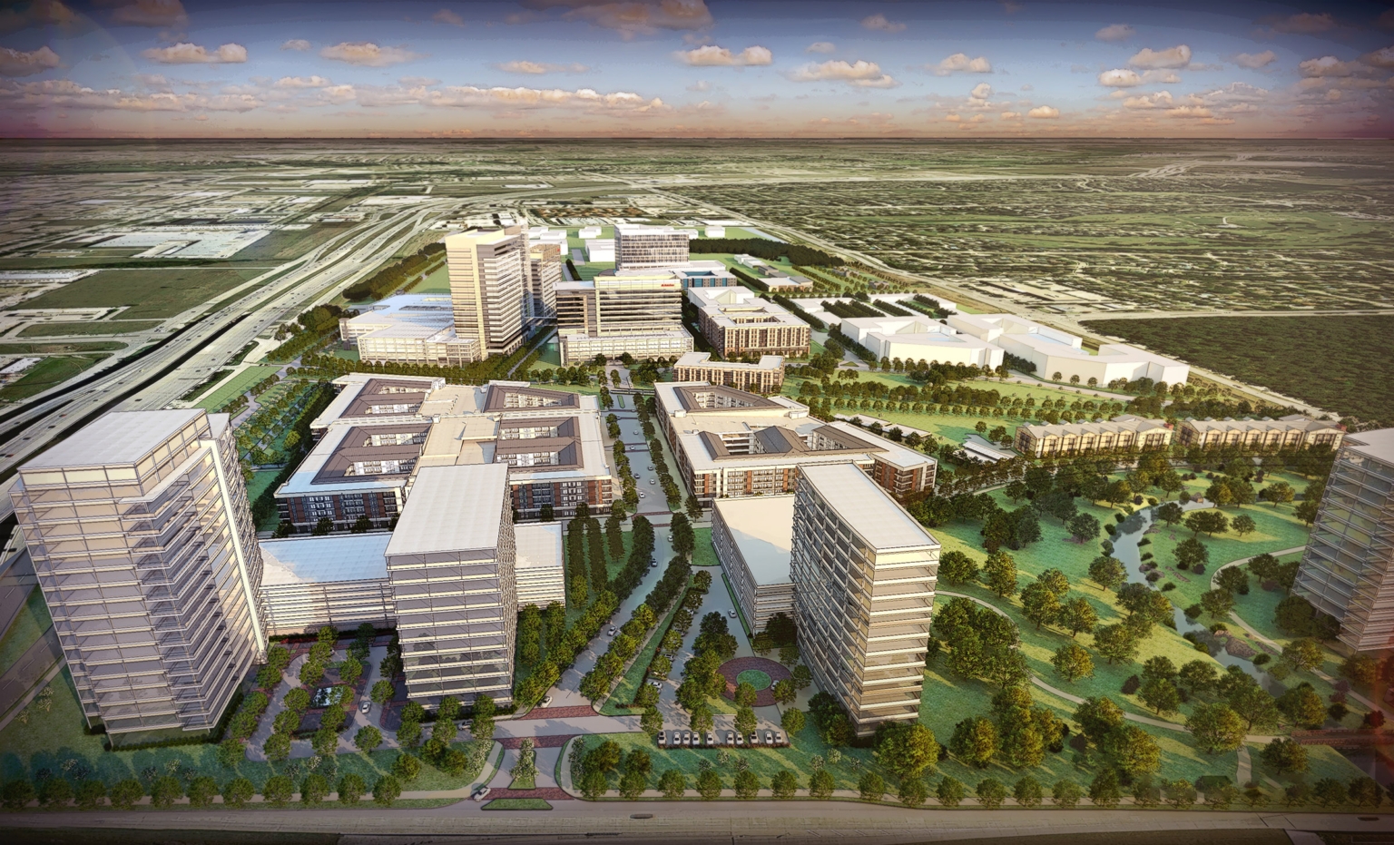 Aerial rendering of the Caruth Properties Transit-Oriented Development in Richardson, Texas, showing mixed-use urban design adjacent to the DART Bush Turnpike Station.