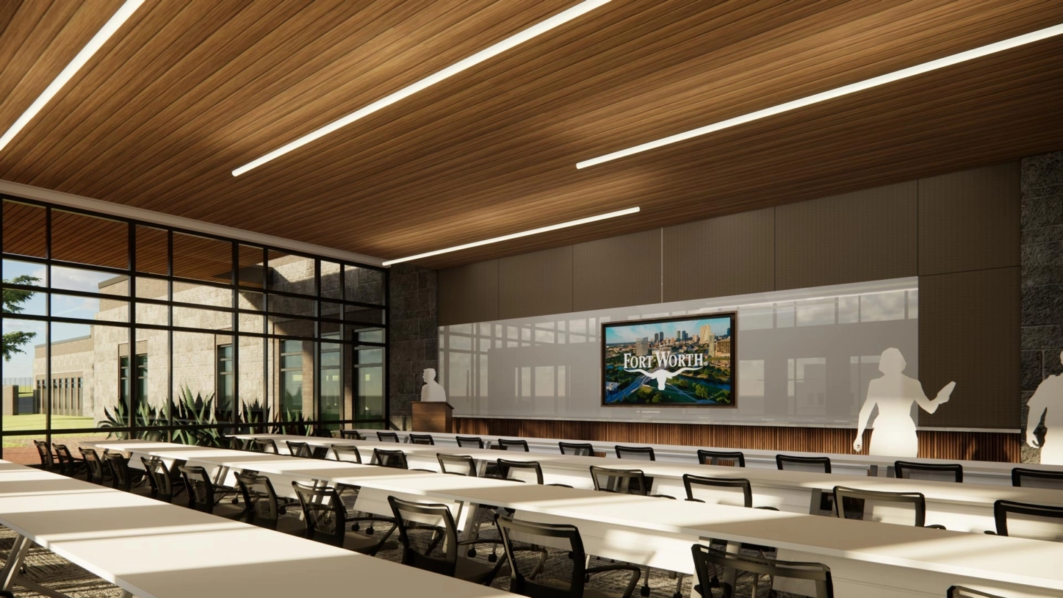 Interior rendering of the community room with long tables, glass exterior wall, wood ceiling, and a Fort Worth screen at the front.