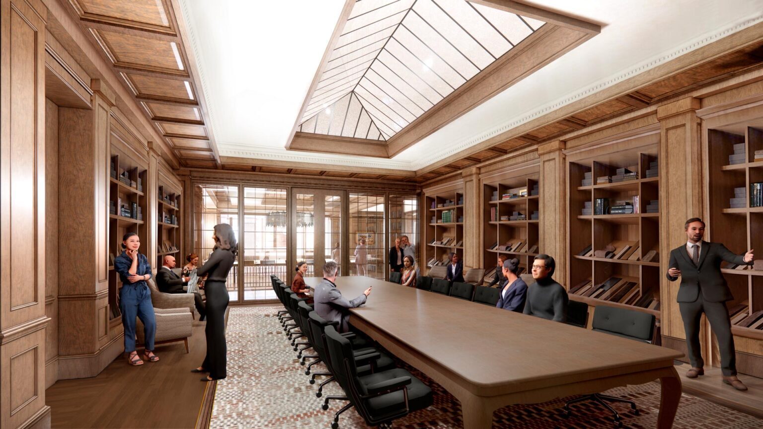 Interior rendering of formal boardroom with long wood table, wall-to-wall bookcases, coffered ceiling, and glass skylight.