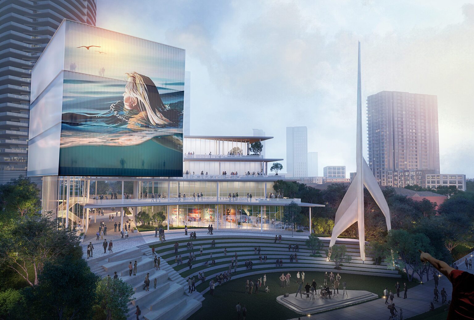 Architectural rendering of a public broadcast center with an amphitheater and large screen in Downtown Dallas.