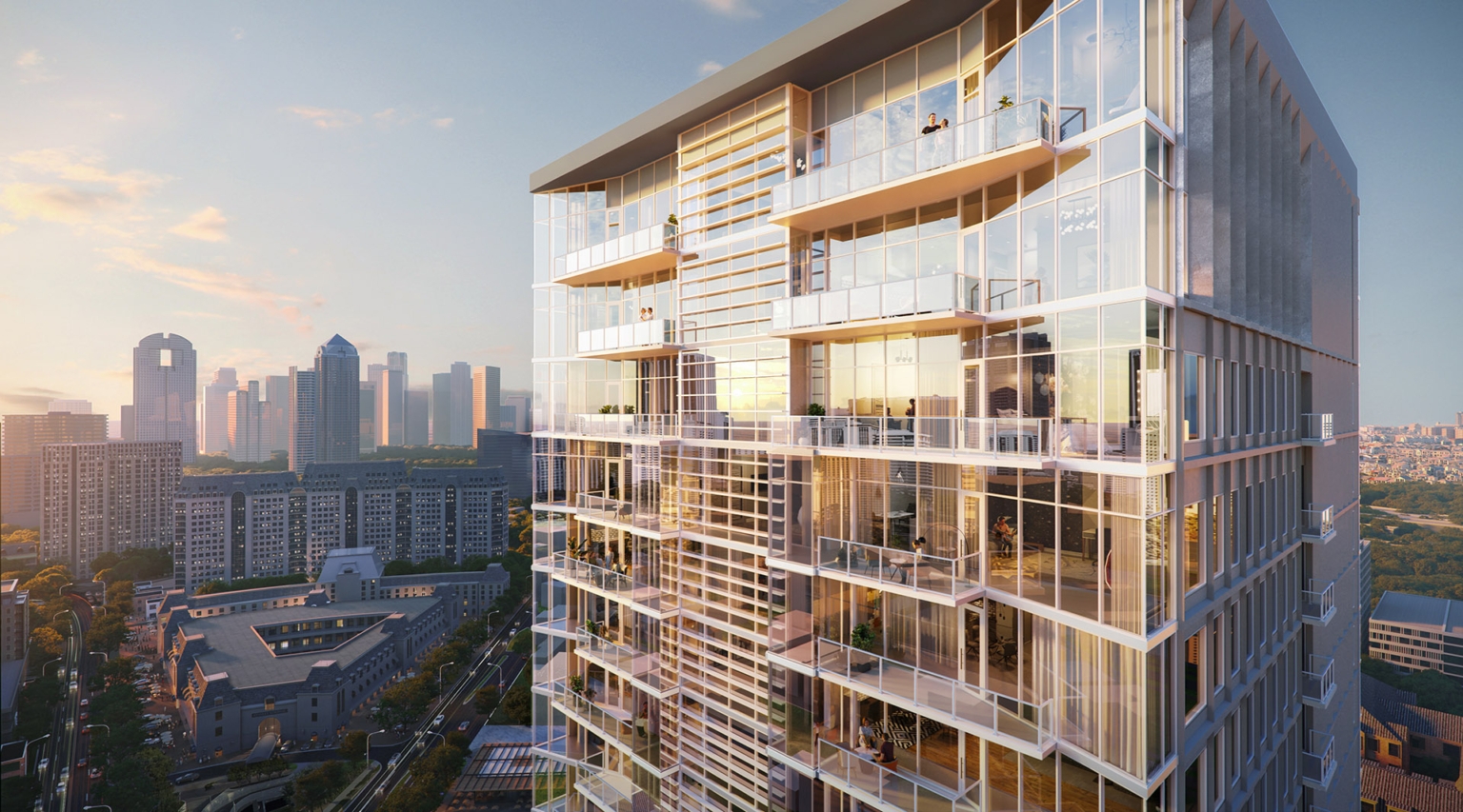 Close-up of the upper floors of the luxury residential tower, focusing on the expansive glass windows and balconies of the penthouses with views of Dallas.
