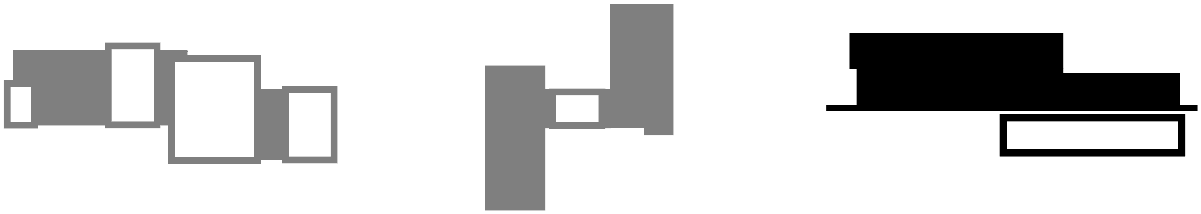 Three black-and-white massing diagrams labeled The Lantern, The Porch, and The Bridge, showing alternate concepts.