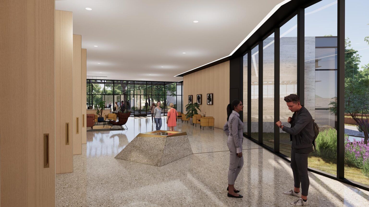 Narthex view showing baptistery font, glass wall to courtyard, and axis toward the chancel.