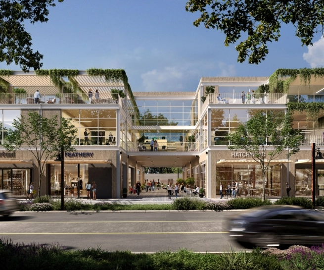 Rendering of retail and public spaces in the Henderson Avenue Mixed-Use development, emphasizing streetscape design and pedestrian connections.