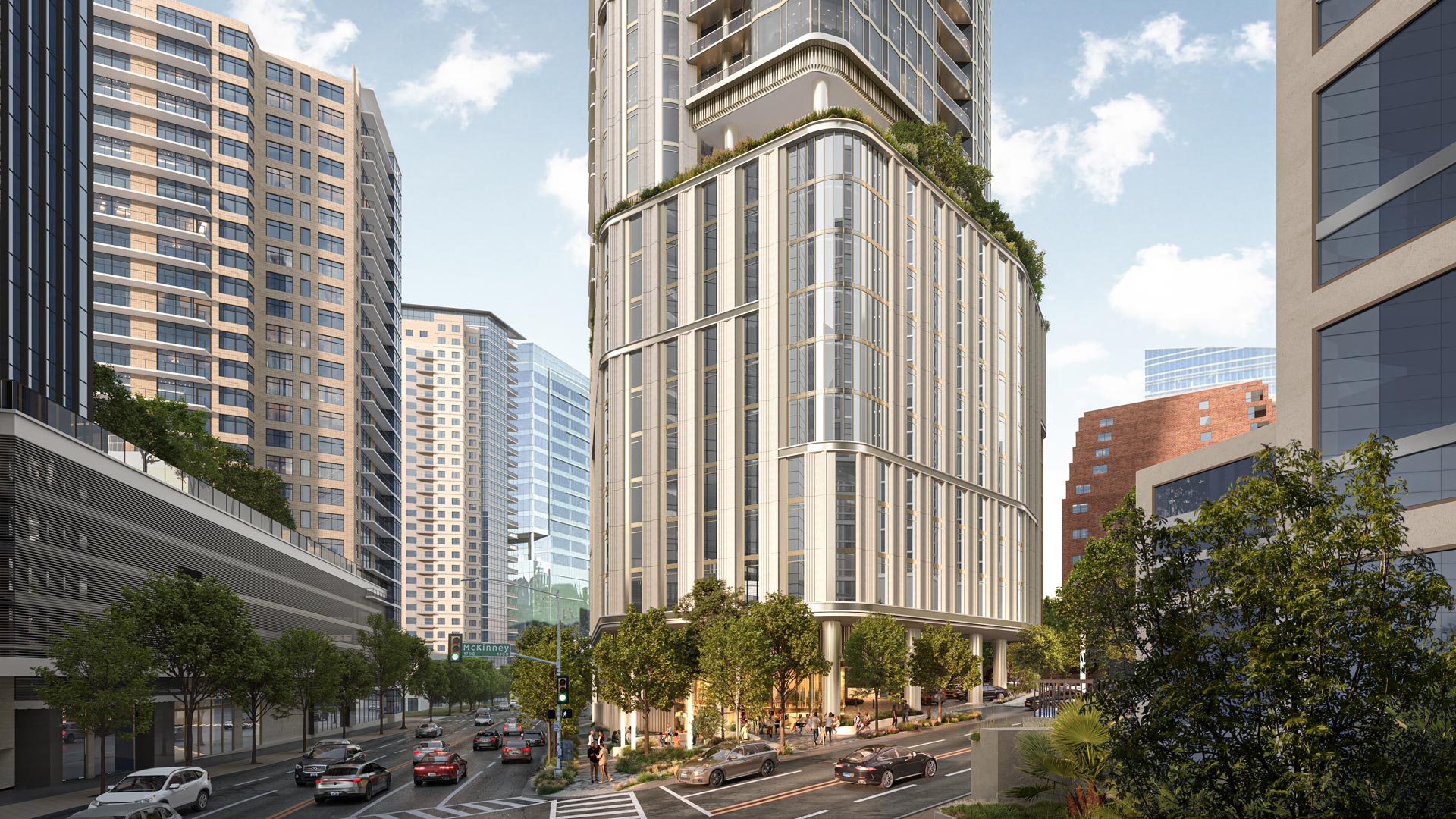 1899 McKinney Rendering of 1899 McKinney Avenue residential high-rise showing street-level view and tower massing in Uptown Dallas near Akard and McKinney intersection.