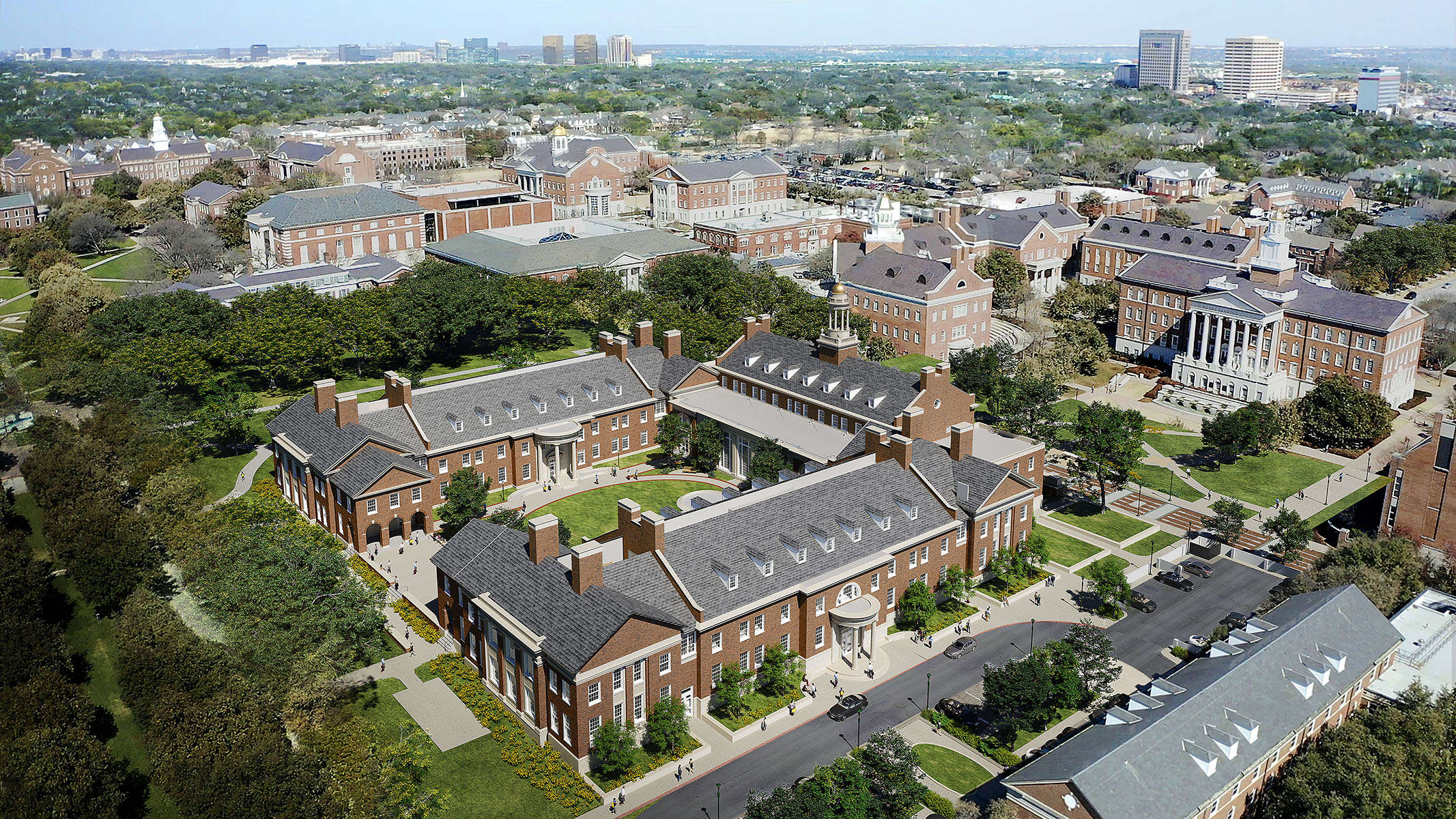Photorealistic rendering of the new SMU Cox School of Business situated within the SMU campus. Two new wings attach to the original structure, forming a courtyard. The architecture features red brick, Georgian style, matching the campus buildings. In the distance, high-rise towers and Dallas neighborhoods are visible.