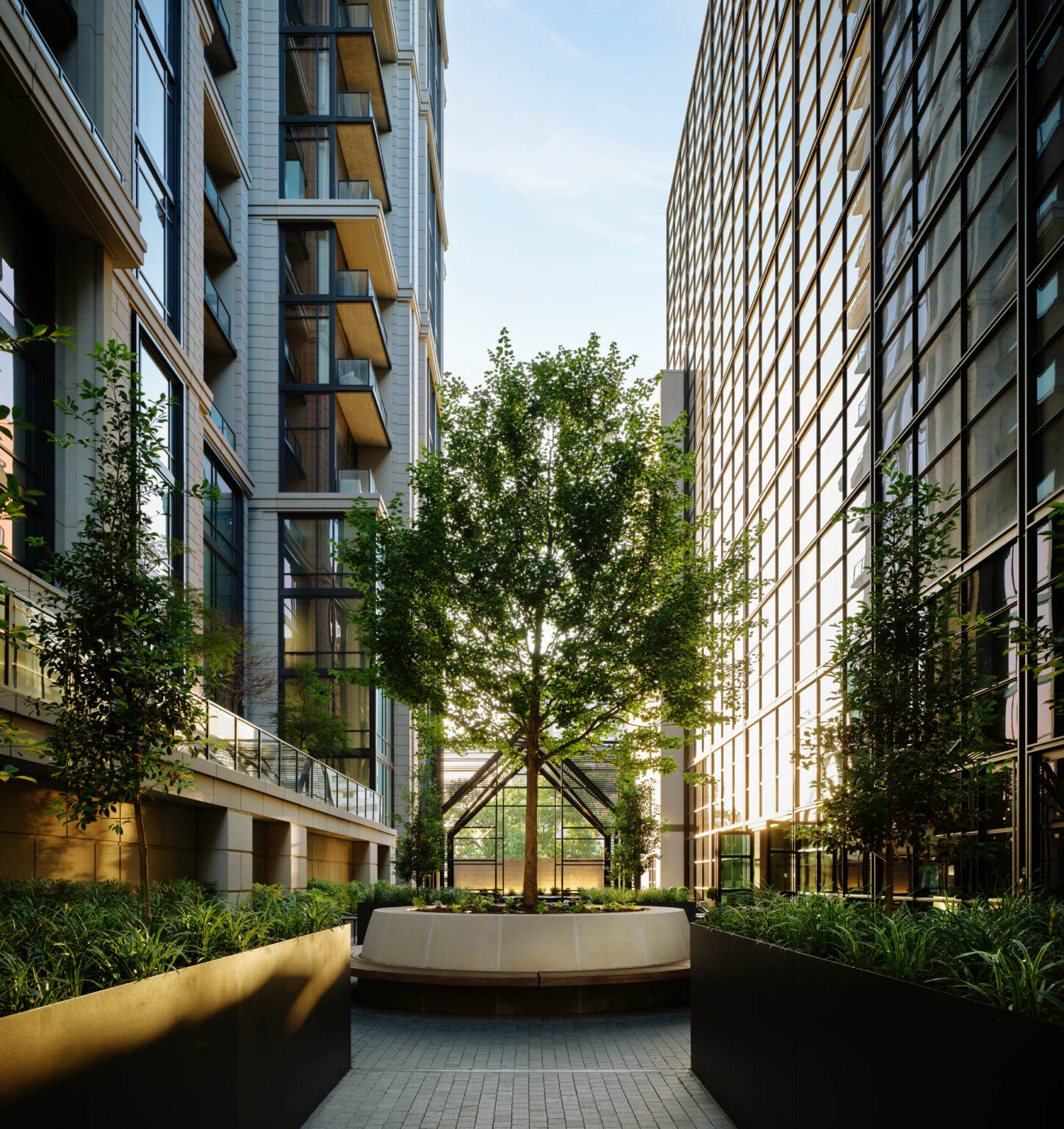 Hines Maple Terrace Residences Uptown Dallas Texas Adaptive Reuse Office Workplace Courtyard Steel Gazebo Planters Golden Hour 5g Collaborative Studio Swa Group Gff Design