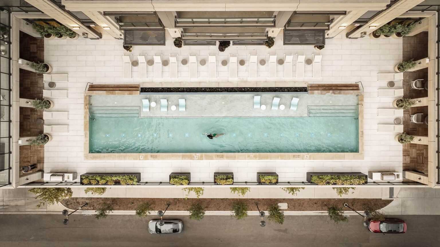 Hines Maple Terrace Residences Uptown Dallas Texas High Rise Multifamily Luxury Apartments Residential Mixed Use Hospitality Amenity Deck Swimming Pool Aerial C Gff Design