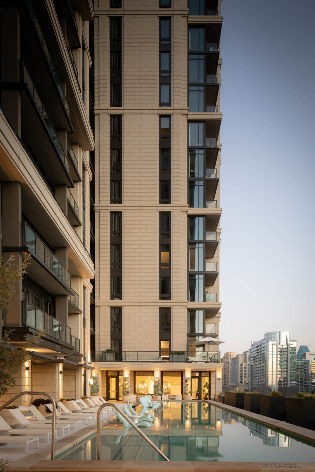 Hines Maple Terrace Residences Uptown Dallas Texas High Rise Multifamily Luxury Apartments Residential Mixed Use Hospitality Amentiy Area Swimming Pool Vertical Evening Gff Design