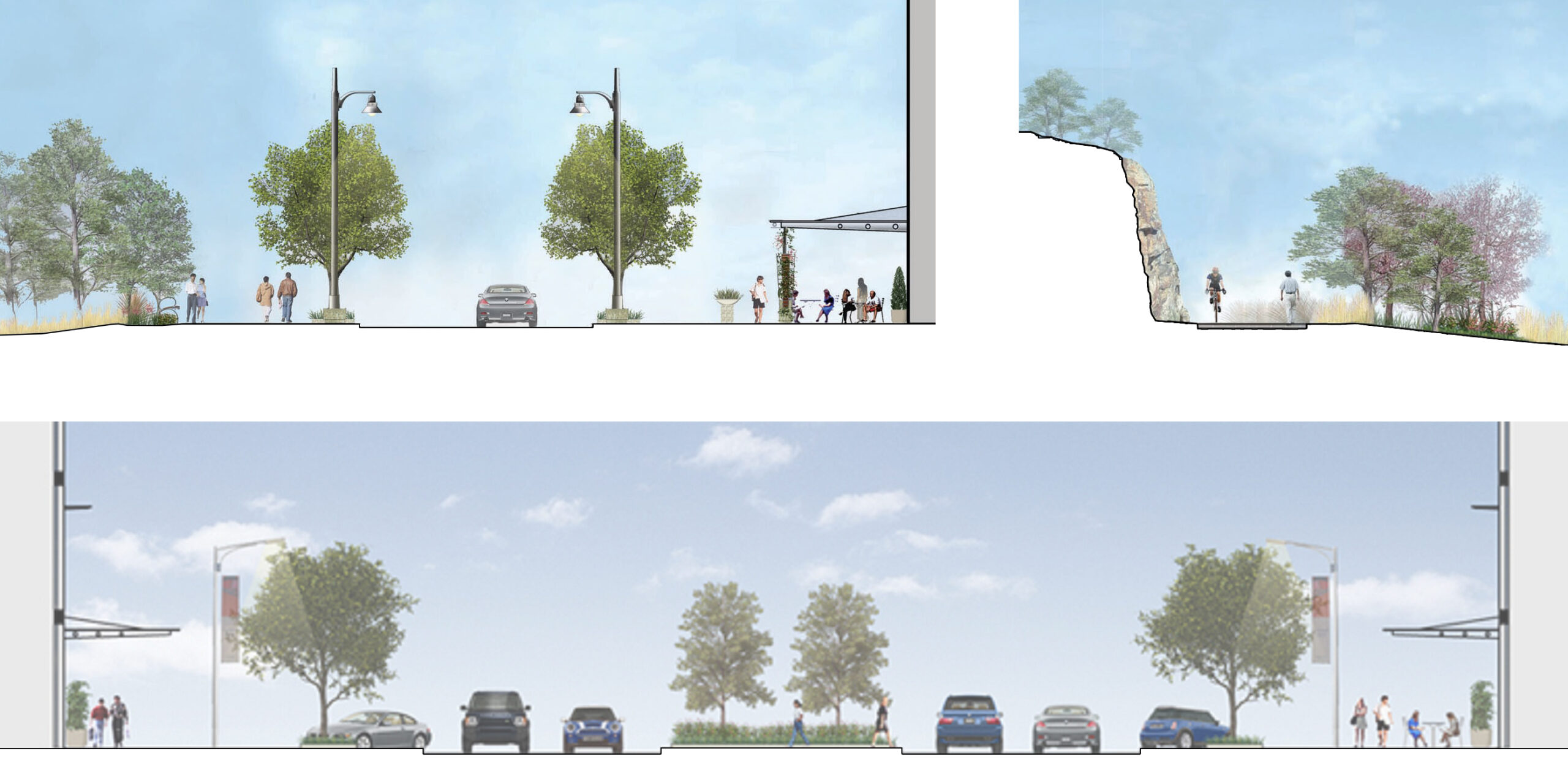 Three sections showcasing streetscape and walking trails from The Canyon in Oak Cliff masterplan, featuring pedestrian sidewalks, walking trails, lush medians with native grasses and street trees, and street parking.