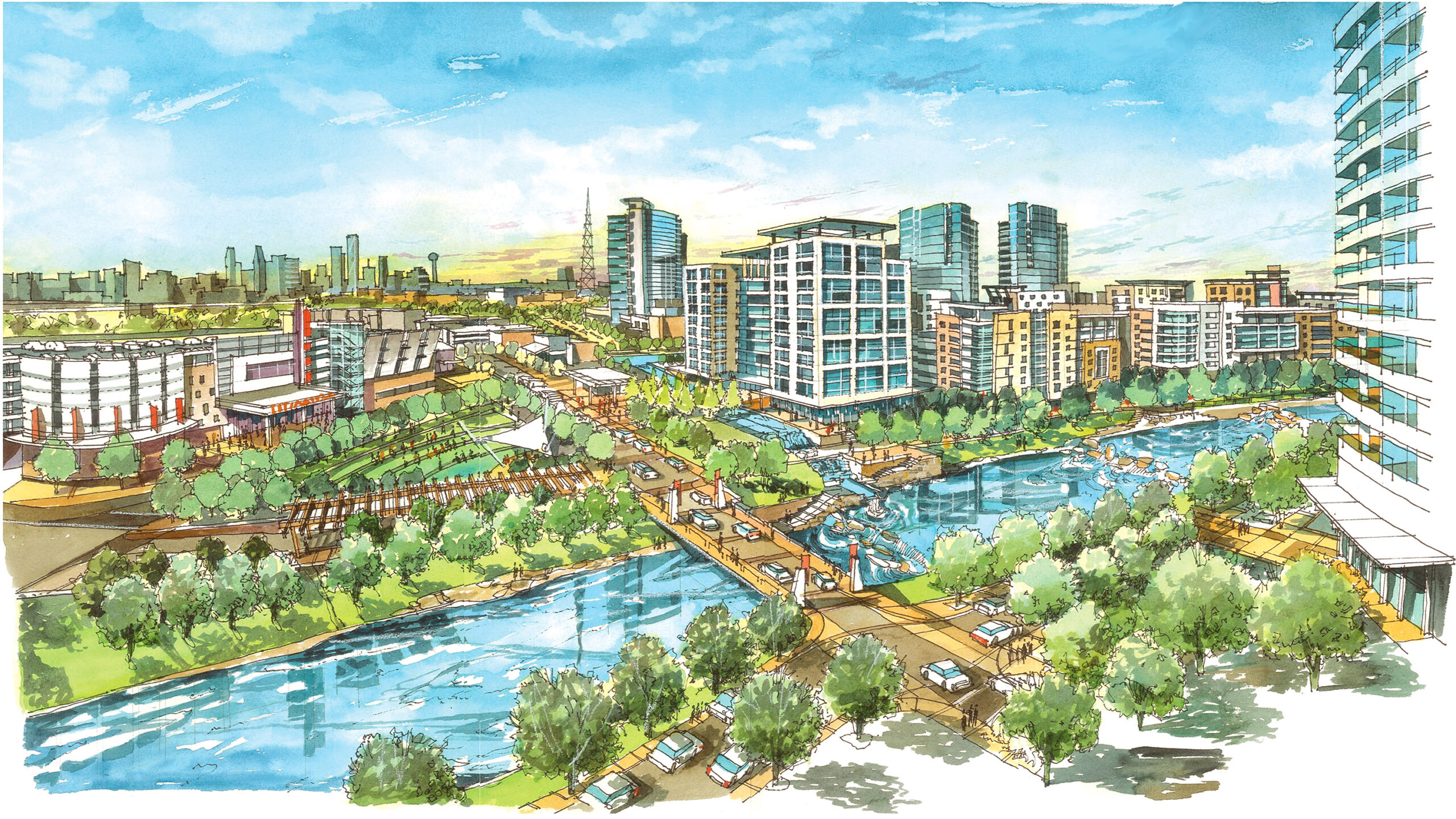 Aerial watercolor rendering of The Canyon in Oak Cliff masterplan, showcasing a central boulevard's bridge over a large creek, surrounded by diverse buildings, greenery, and landscape, with downtown Dallas visible in the distance.