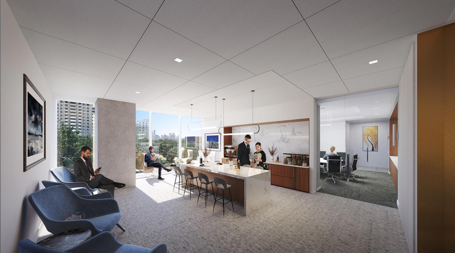 Shared pantry amenity at 23Springs featuring a marble island, wood cabinetry, seating area, and access to a glass-enclosed conference room.