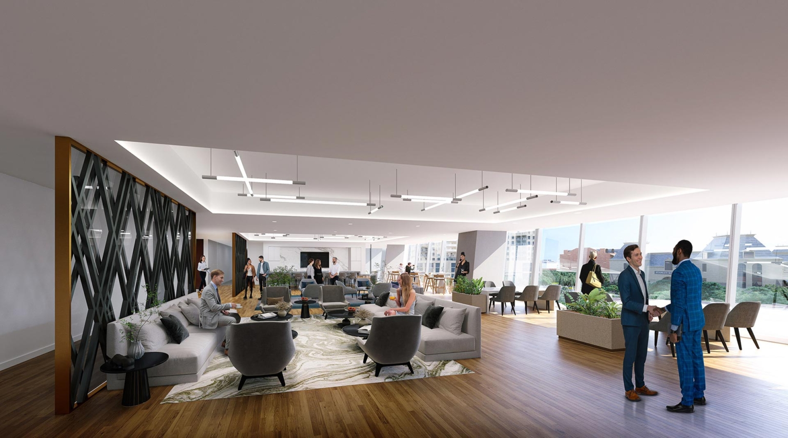 Tenant lounge interior at 23Springs featuring soft seating, wood floors, city views, and a decorative privacy screen.