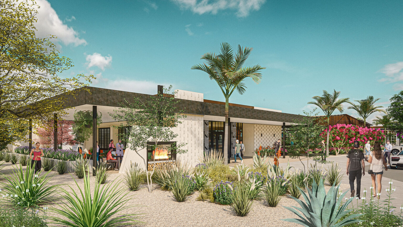 Modern building with outdoor seating and landscaped garden.