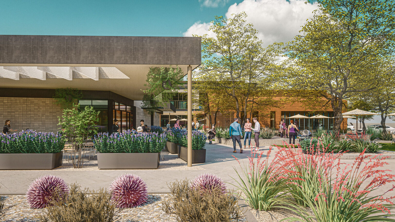 People enjoying an exterior garden area with planters and seating.