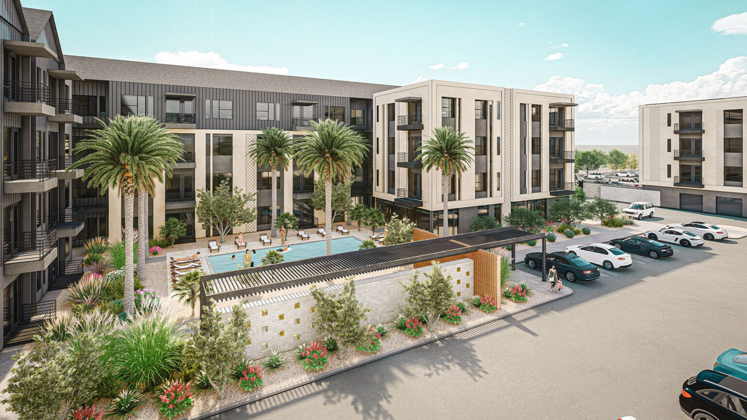 Four-story multifamily residential building with pool area and palm trees.
