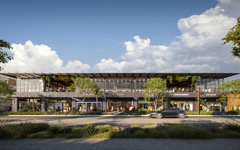 Visualization of boutique retail buildings along Henderson Avenue, highlighting streetscape design and pedestrian-friendly features in a mixed-use environment.