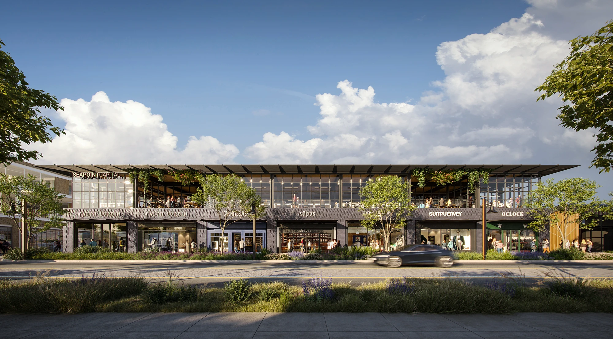 Visualization of boutique retail buildings along Henderson Avenue, highlighting streetscape design and pedestrian-friendly features in a mixed-use environment.