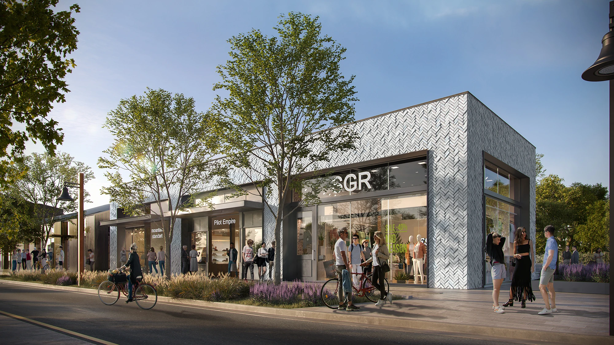 Rendering of retail and creative office spaces at the Henderson Avenue Mixed-Use development, featuring modern architecture and a vibrant streetscape.