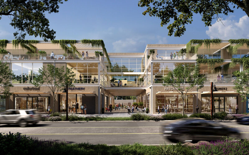 Rendering of retail and public spaces in the Henderson Avenue Mixed-Use development, emphasizing streetscape design and pedestrian connections.