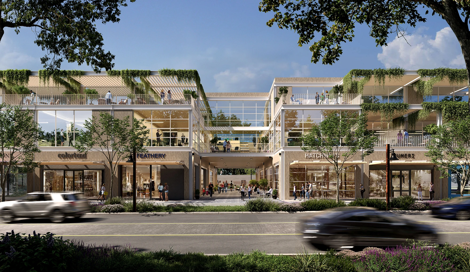 Rendering of retail and public spaces in the Henderson Avenue Mixed-Use development, emphasizing streetscape design and pedestrian connections.