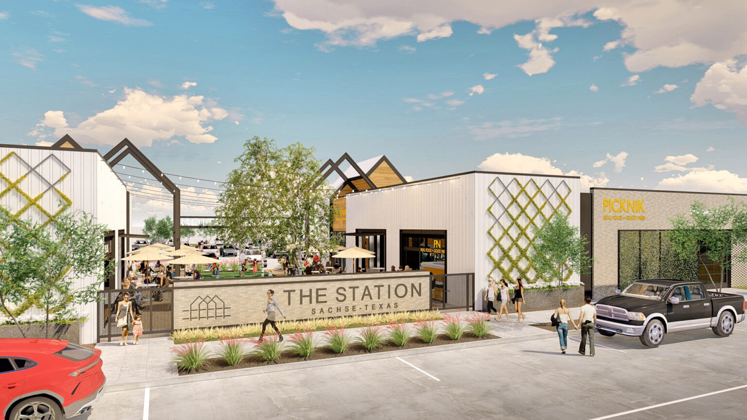 Entrance to The Station - Sachse from the opposite end of the green space