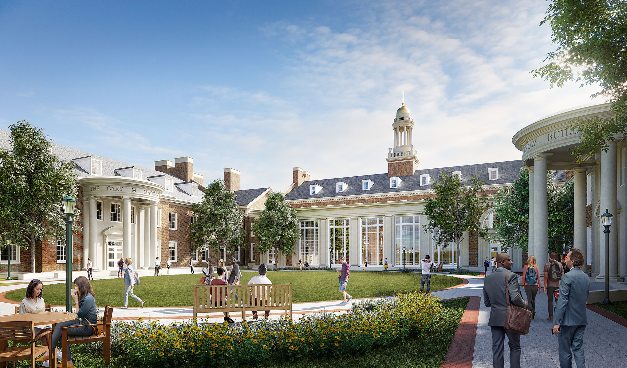 Courtyard of the Cox School of Business at Southern Methodist University featuring classical architectural columns, manicured landscaping, and students enjoying the outdoor space.