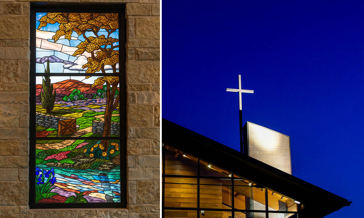 Stained glass window detail of Hasley Chapel depicting a vibrant natural landscape, paired with an illuminated cross against a night sky.