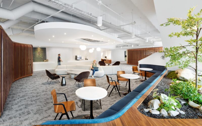 Shared work lounge at GFF’s Dallas headquarters with curved wood seating, integrated greenery, and a biophilic design approach combining open office strategy with hospitality-inspired interior architecture.