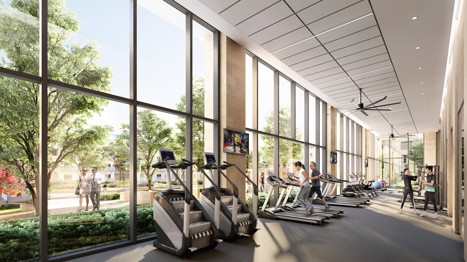 Gym with treadmills, exercise equipment, and large windows.