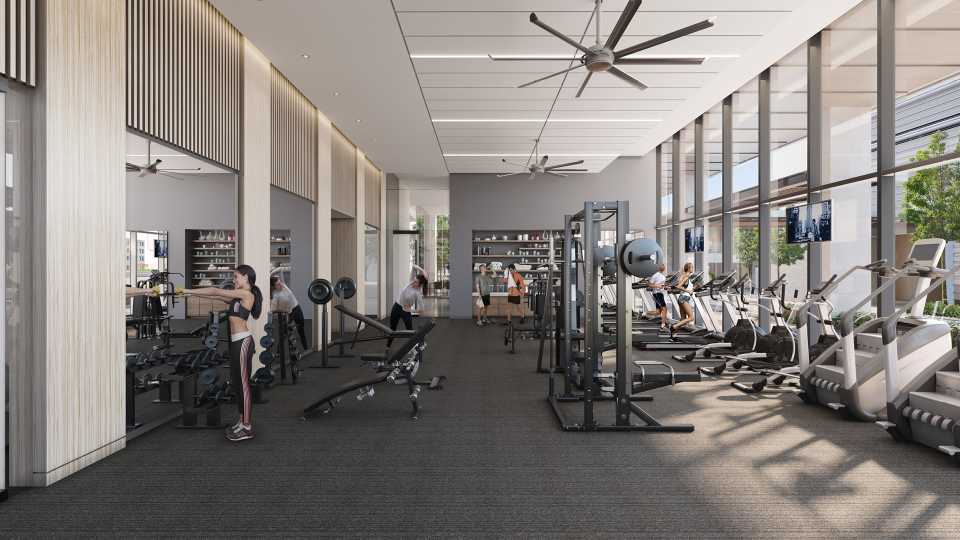 Gym with weightlifting and cardio equipment.