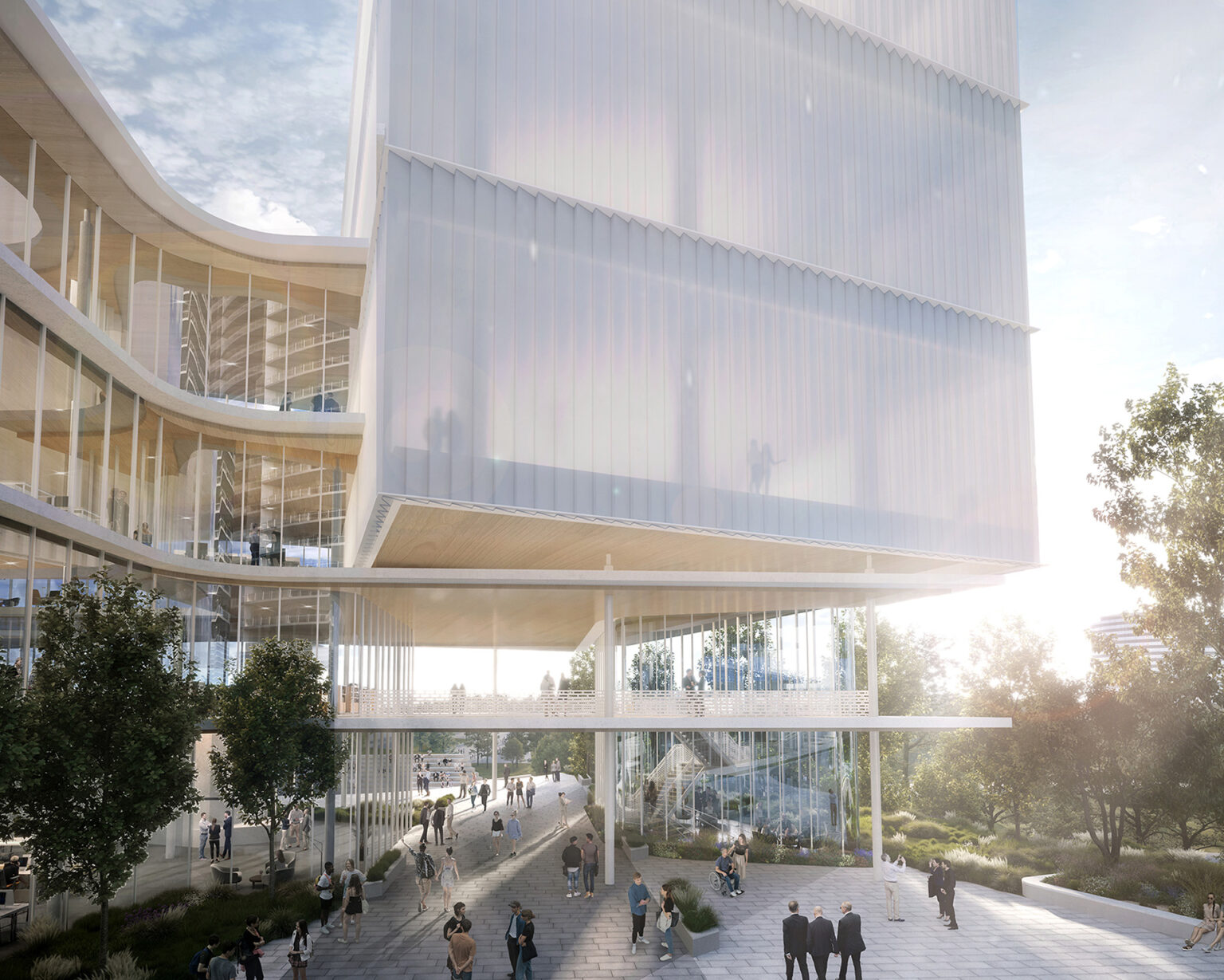 Architectural rendering of a breezeway and amphitheater at a public broadcast center with people walking below in Downtown Dallas.