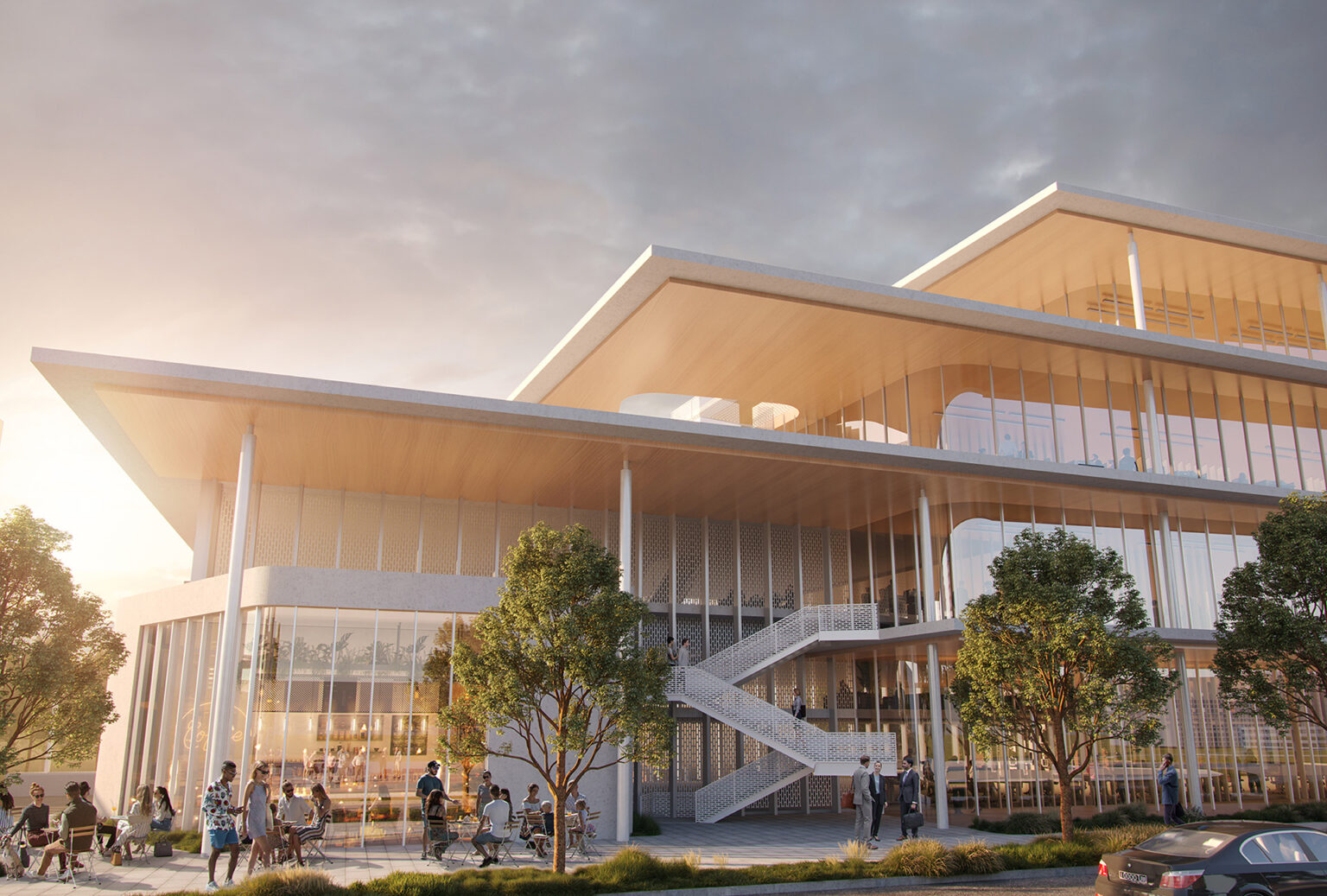 Architectural rendering of the entry of a public broadcast center with open terraces and people gathered outside in Downtown Dallas.