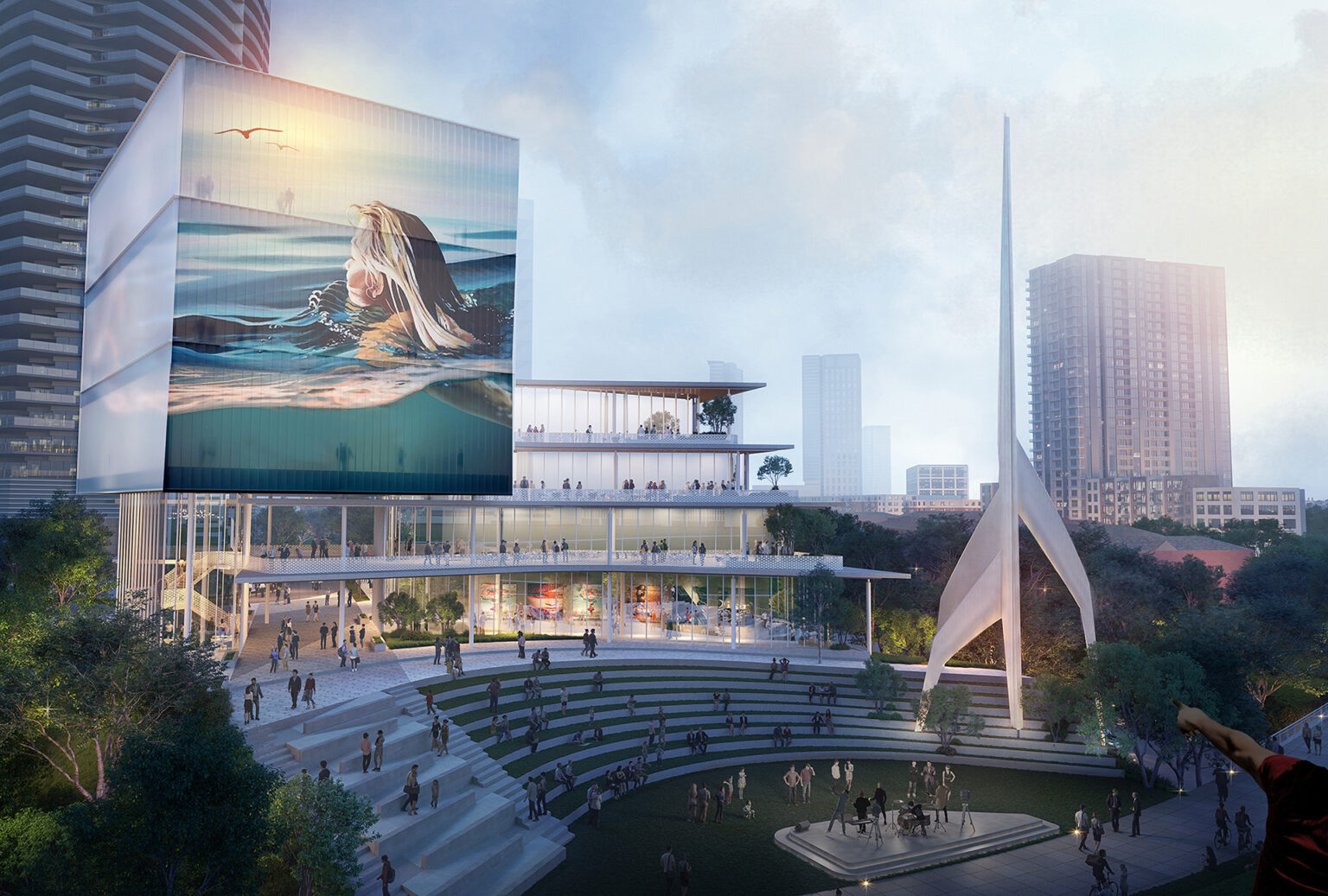 Architectural rendering of a public broadcast center with an amphitheater and large screen in Downtown Dallas.