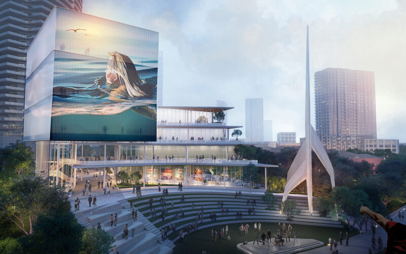 Architectural rendering of a public broadcast center with an amphitheater and large screen in Downtown Dallas.