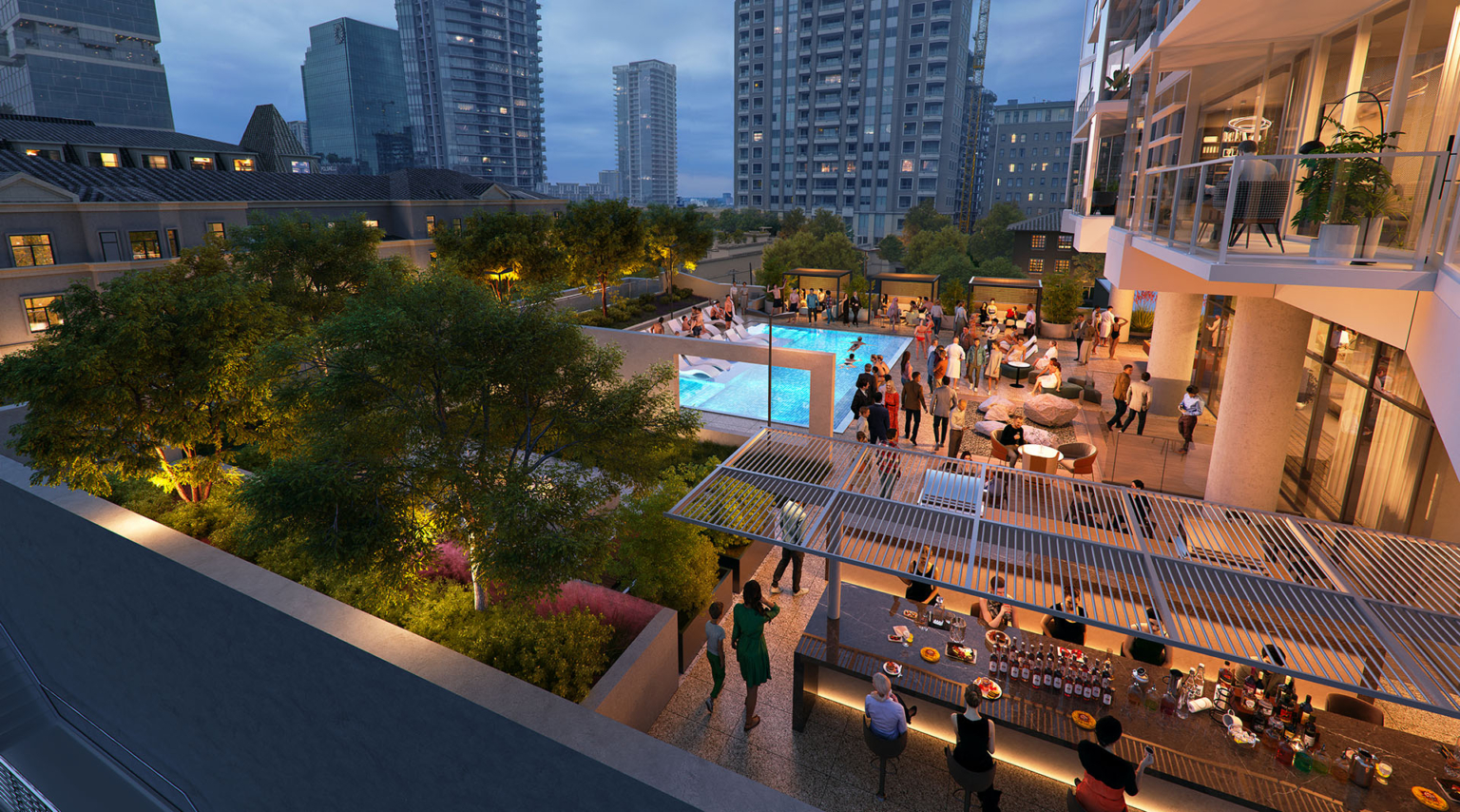 Birdseye view of a luxury residential tower’s amenity deck at dusk, featuring a pool, lounge areas, and greenery surrounded by Dallas high-rises.