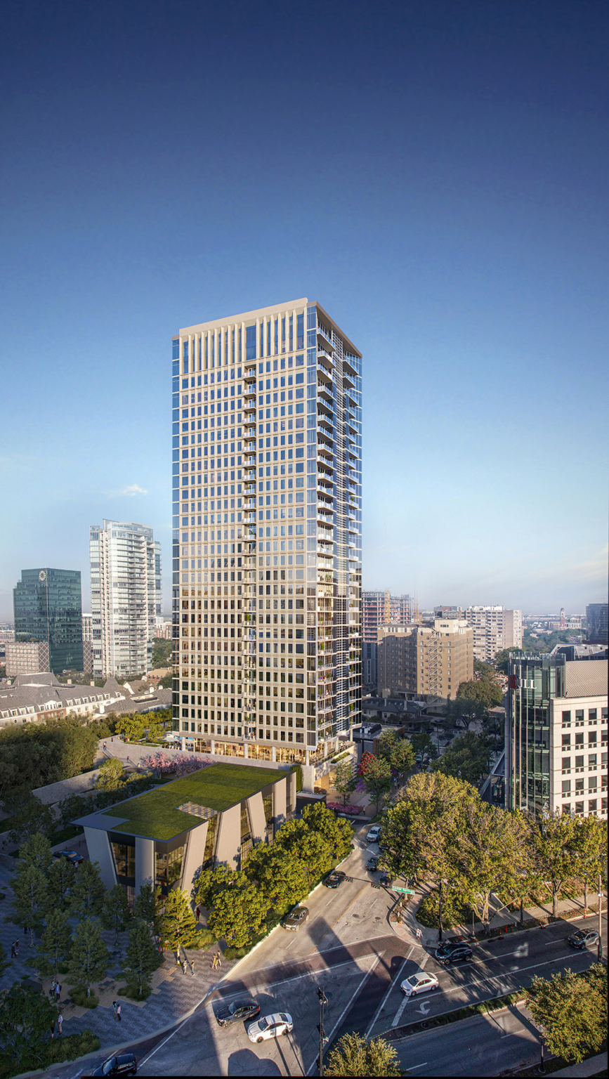 Full view of the luxury residential tower in Dallas, showing its modern design and the surrounding urban landscape.