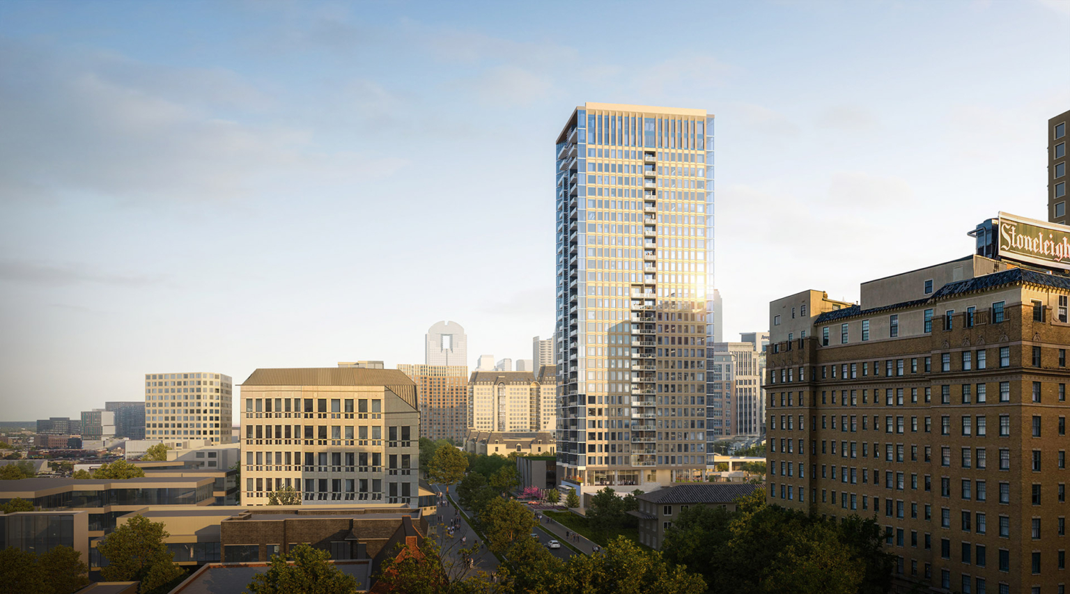 View of the luxury residential tower from the historic Stoneleigh Hotel, highlighting the tower's integration into Dallas' architectural landscape.