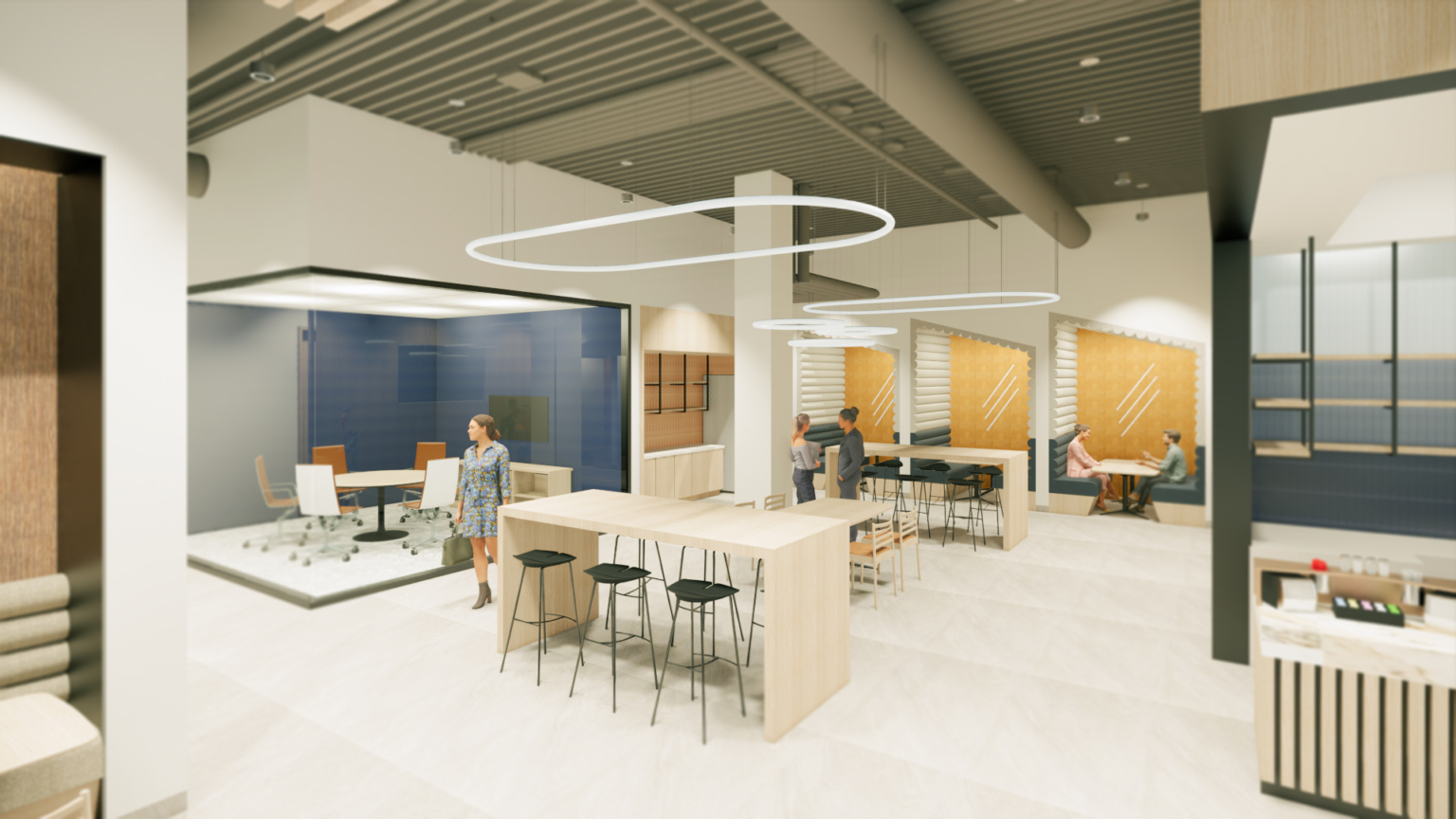Flexible lounge and collaboration area with modern seating, private booths, and a central conference room.