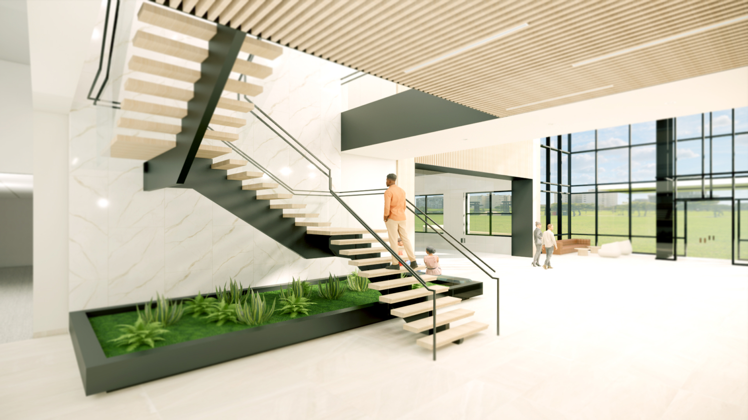 Elegant floating staircase in a bright atrium, with integrated planters and views of the surrounding landscape.