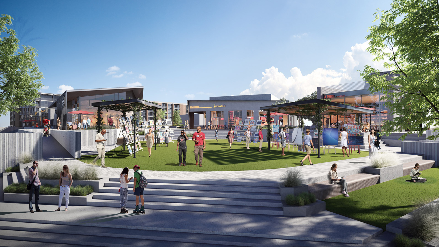 Open green space surrounded by retail buildings at Barvin Braeswood, featuring people engaging in various activities.