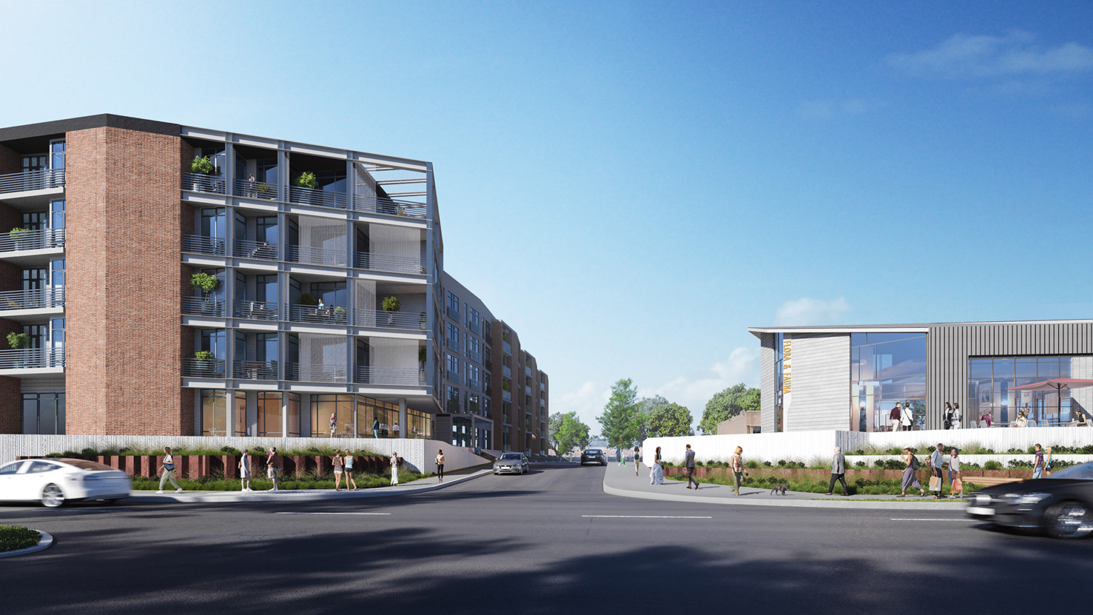 View of the connection between retail spaces and the residential building at Barvin Braeswood.