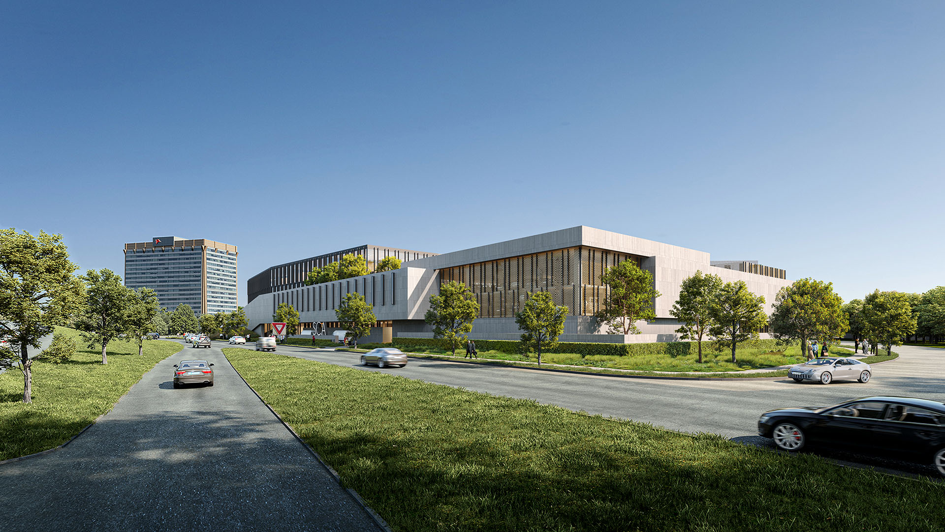 Distant view of the Center for the Arts from Stemmons Freeway, highlighting the building's contemporary design and integration into the landscape.