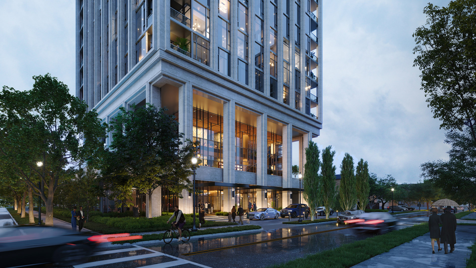 Street-level view of the Validus 2701 Brown residential tower, emphasizing the building’s verticality and modern design.
