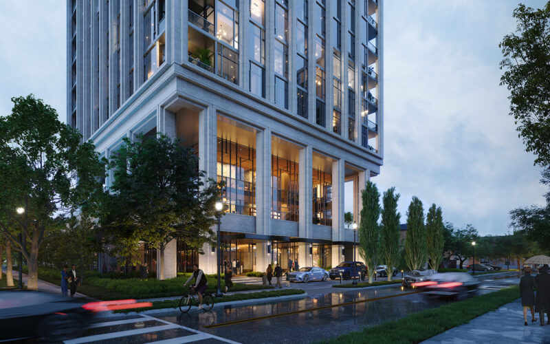 Street-level view of the Validus 2701 Brown residential tower, emphasizing the building’s verticality and modern design.