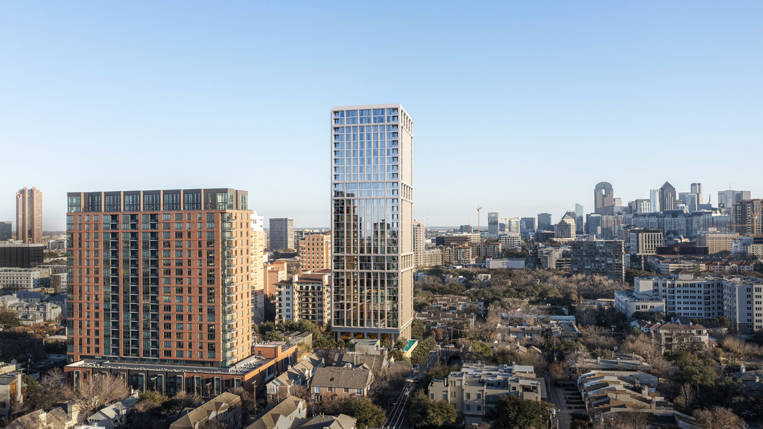 Aerial view of Validus 2701 Brown in the context of the Uptown Dallas skyline, highlighting its modern silhouette.