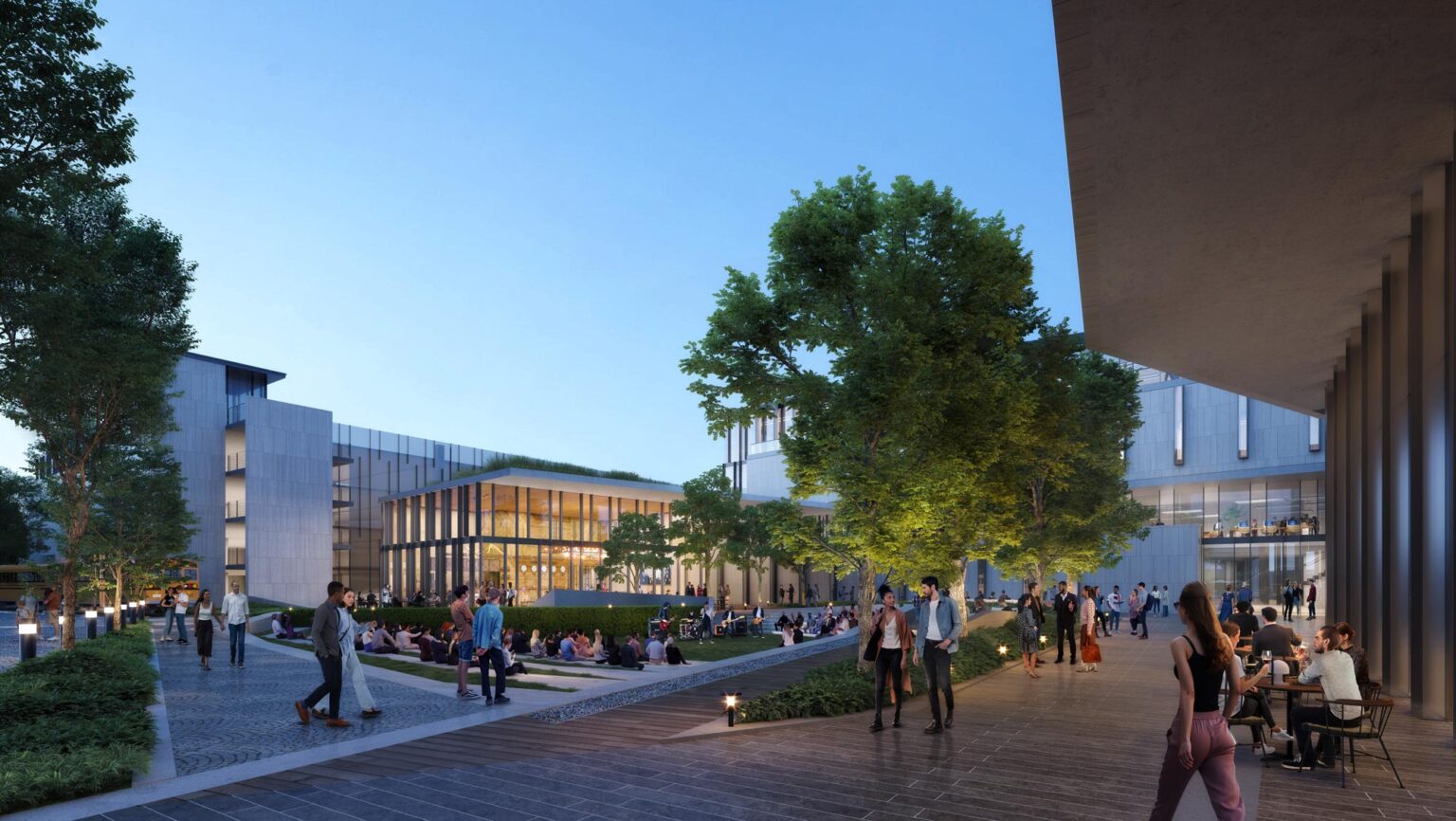 Evening rendering of the Center for the Arts courtyard showing illuminated glass façades and outdoor seating areas where visitors gather beneath mature trees.