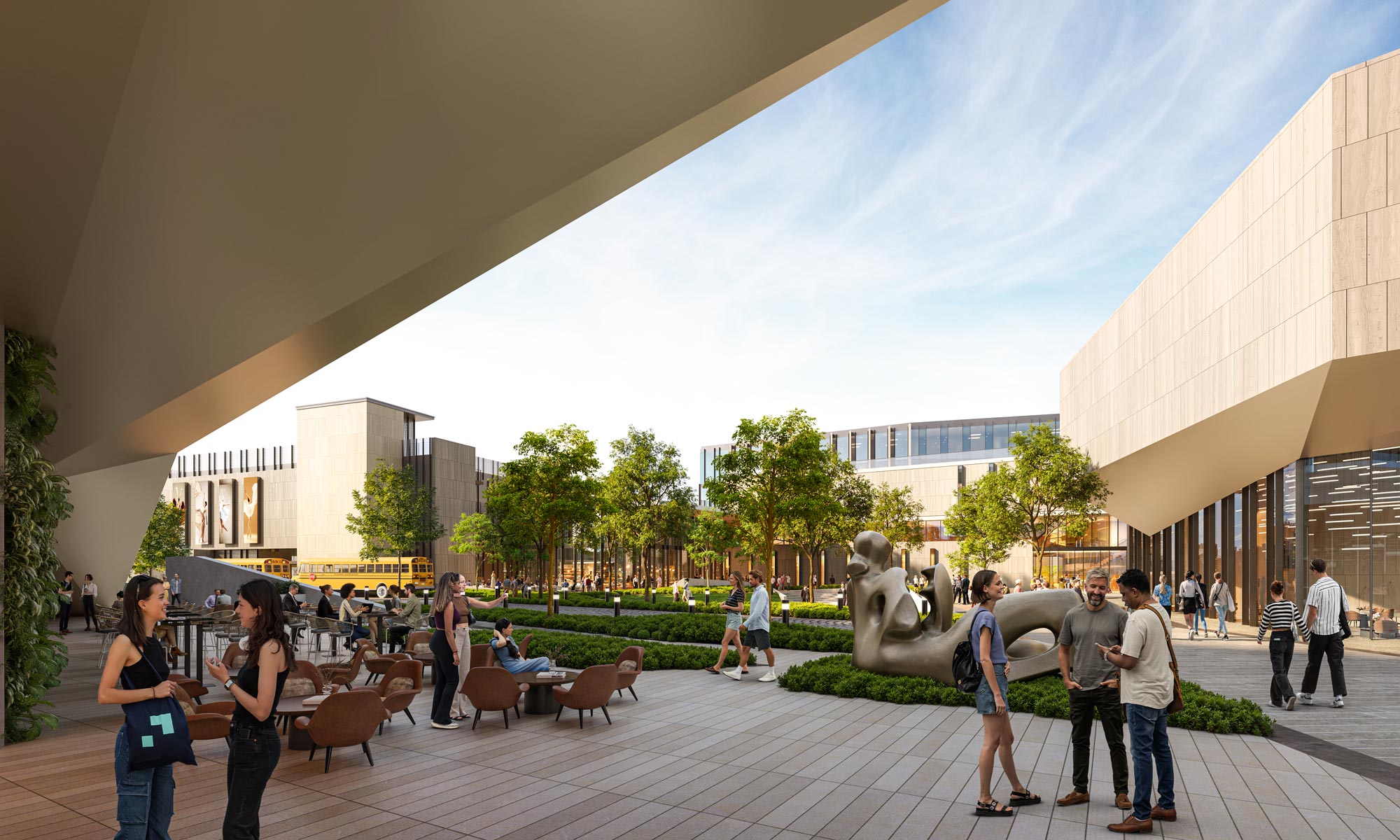 Courtyard perspective from beneath a cantilevered structure at the Center for the Arts, revealing café seating, public art, and pedestrian pathways surrounded by landscaped greens.