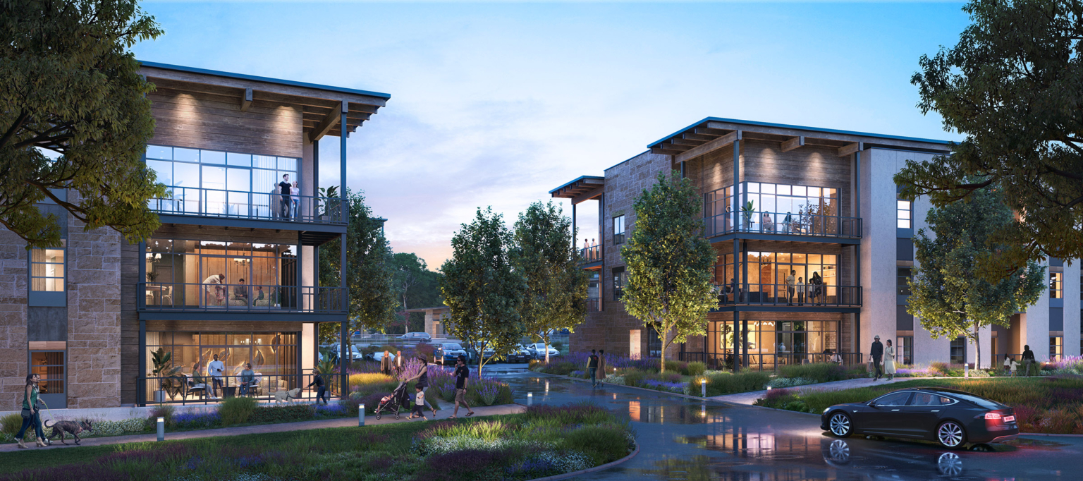 Evening view of Pearl Bee Cave buildings with glass-end balconies, outdoor lighting, and walking paths surrounded by greenery.
