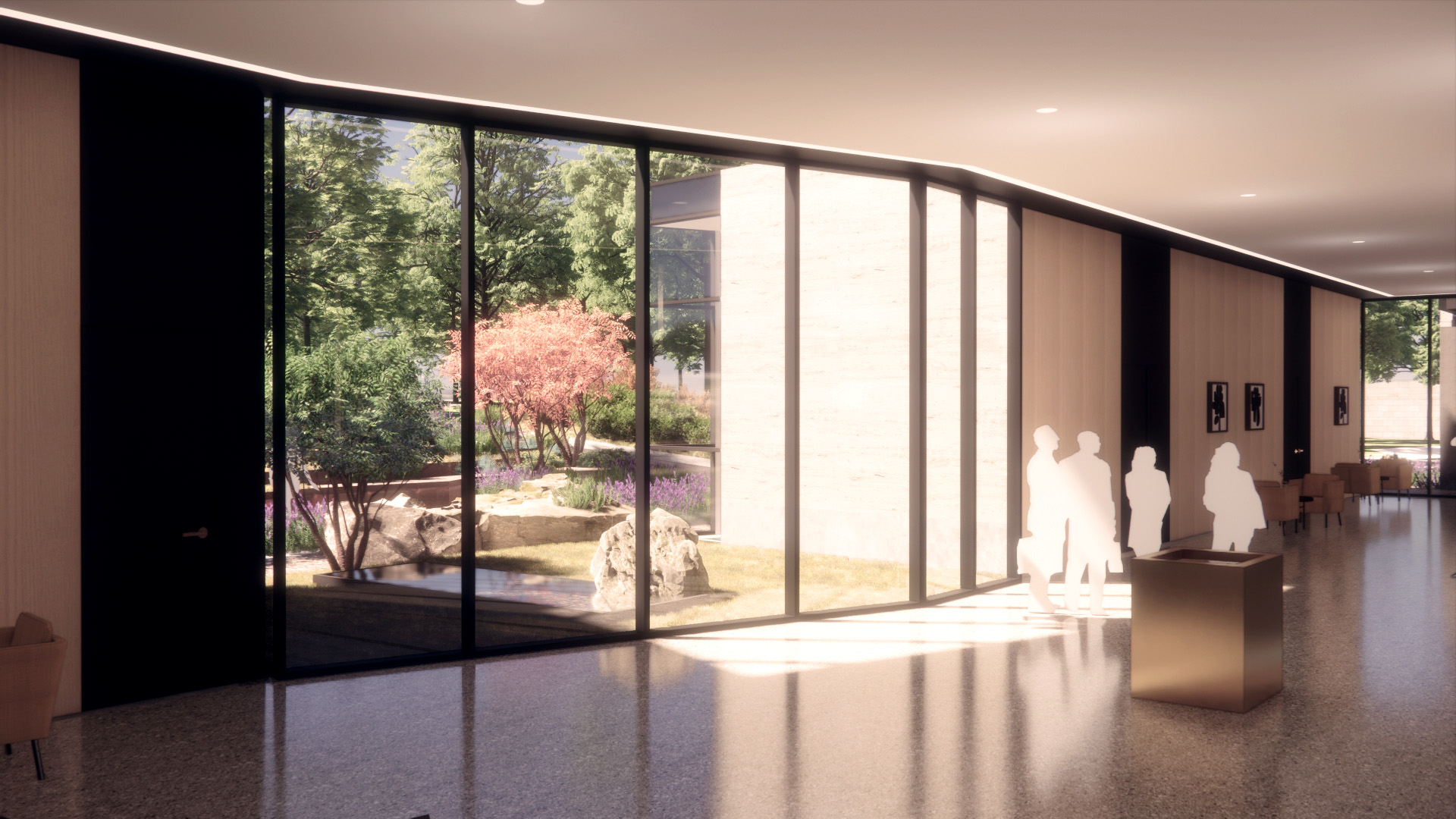 View from the interior hallway looking out to a landscaped garden through a glass wall.